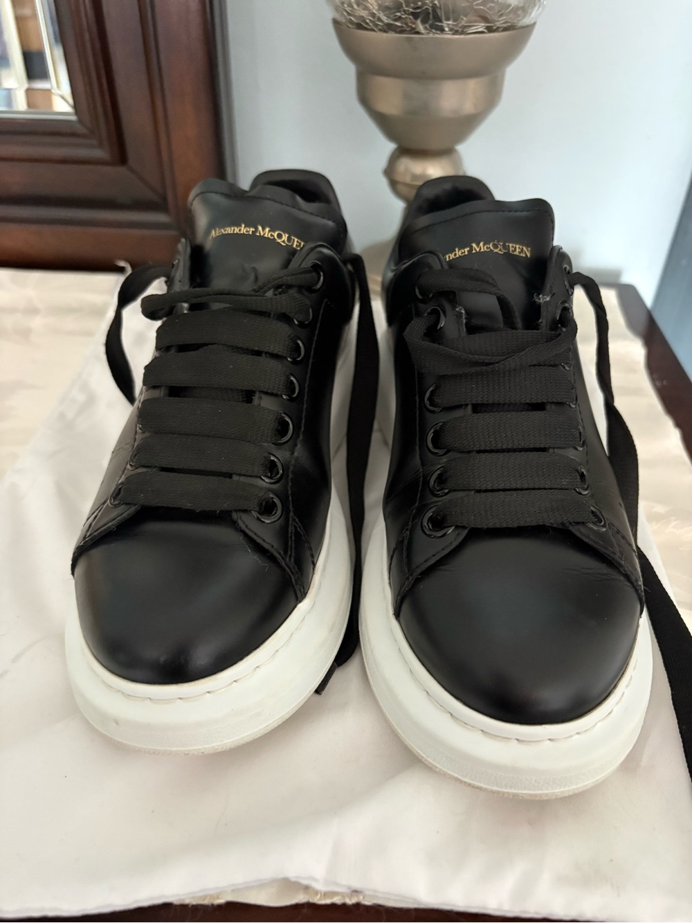 Alexander McQueen Black Leather Sneakers with White Platform Sole